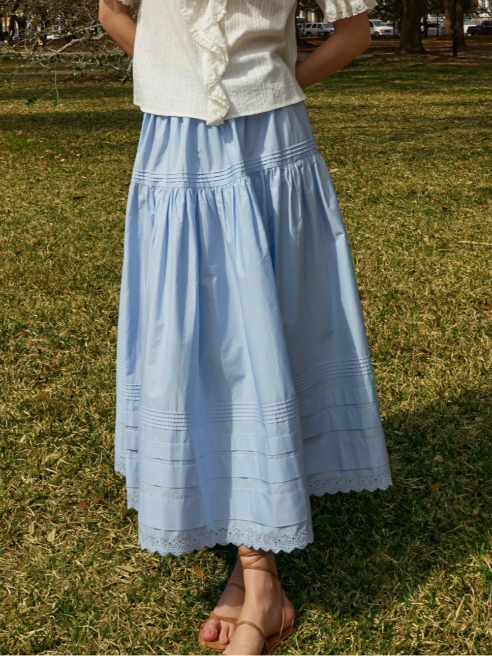 Light Blue Tiered Eyelet Maxi Skirt - Women